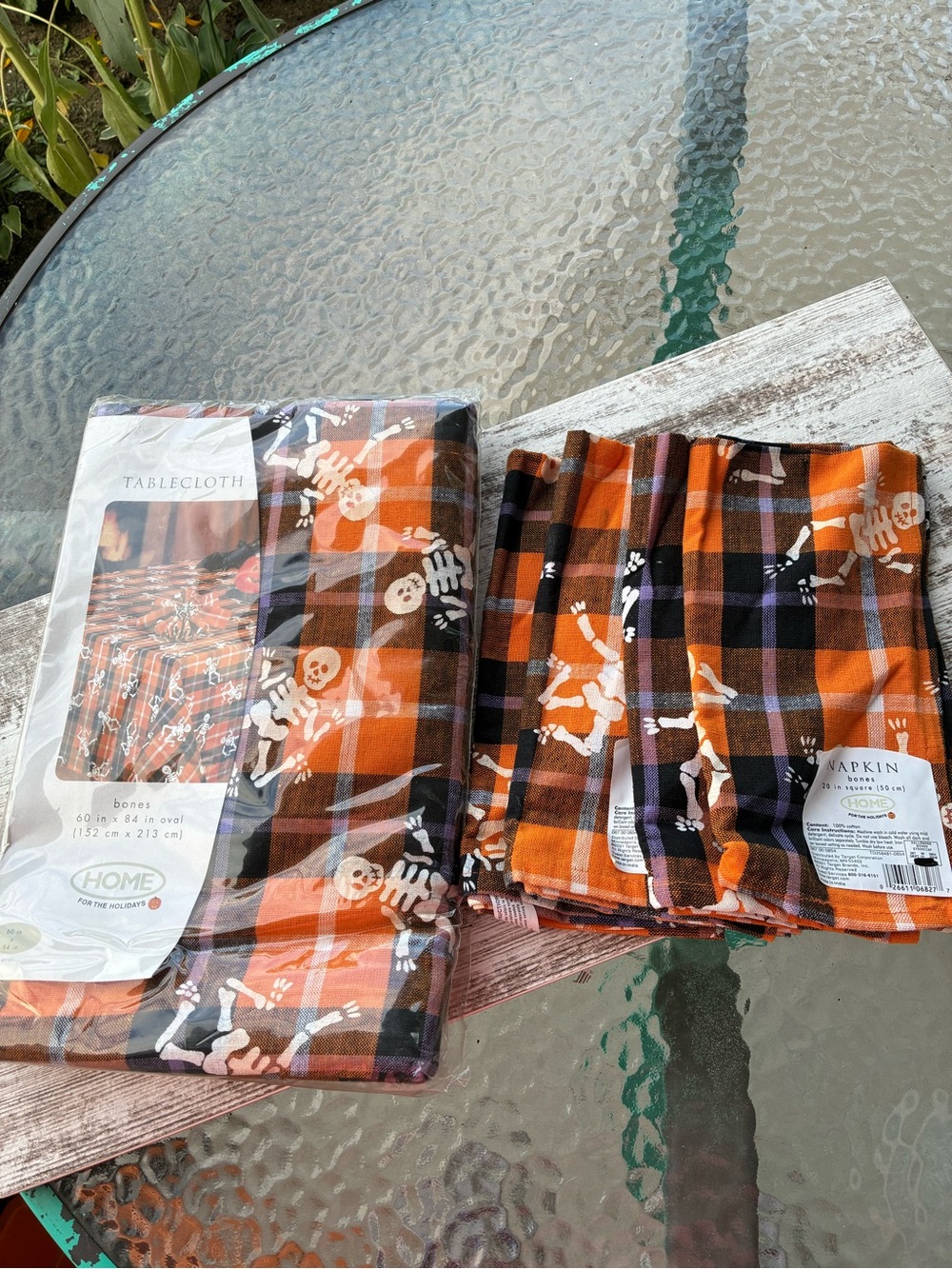 Halloween Skeleton Plaid Tablecloth and Napkin Set - Orange and Black